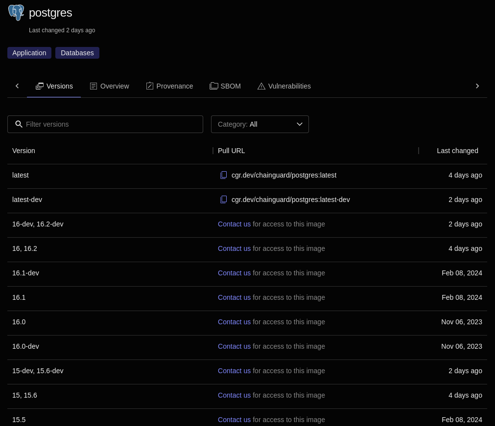 Screenshot of the Image Details page for the postgres Image, showing the &ldquo;Versions&rdquo; tab.