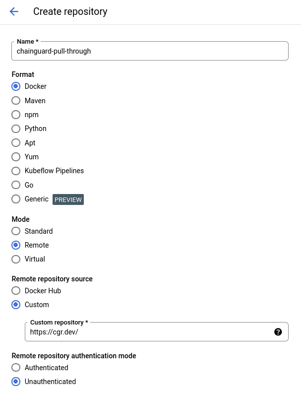 Screenshot of the Google Artifact Registry Repositories screen, showing the choices when you click the &ldquo;Create Repository&rdquo; button. It includes a &ldquo;Name&rdquo; field with the value &ldquo;chainguard-pull-through&rdquo;, the &ldquo;Docker&rdquo; format selected, &ldquo;Custom&rdquo; selected as teh Remote repository source, and &ldquo;https://cgr.dev&rdquo; set as the custom repository. It also specifies the &ldquo;Unauthenticated&rdquo; authentication mode for the remote repository.