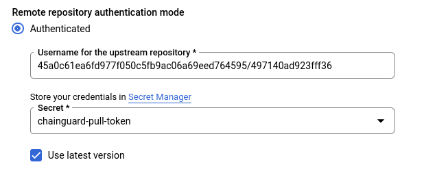 Screenshot of the Google Artifact Registry screen, showing the username and secret password configuration. The &ldquo;Authenticated&rdquo; option is selected, the &ldquo;Username for the upstream repository&rdquo; field points to a username generated byt he pull-token command, and the &ldquo;Secret&rdquo; drop-down menu has &ldquo;chainguard-pull-token&rdquo; selected.